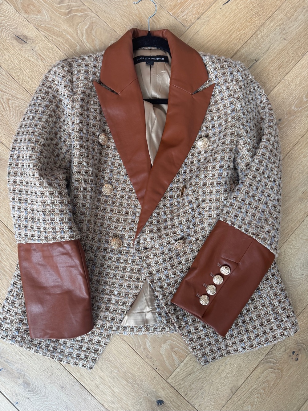 Boston Proper Tan Tweed Blazer with Brown Faux-Leather Trim